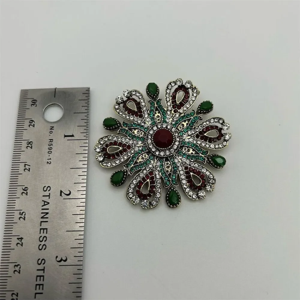 Baroque Flower Red, Green & Clear Rhinestones Round Brooch Sparkle Gold Tone
